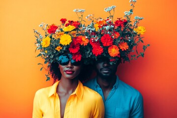 Sign of love and affection. Valentine's day, enamored couple: breathtaking bold image of loving black adult lovers. Commercial promotion conceptual art. Couple fantasy. Couple in cafe.