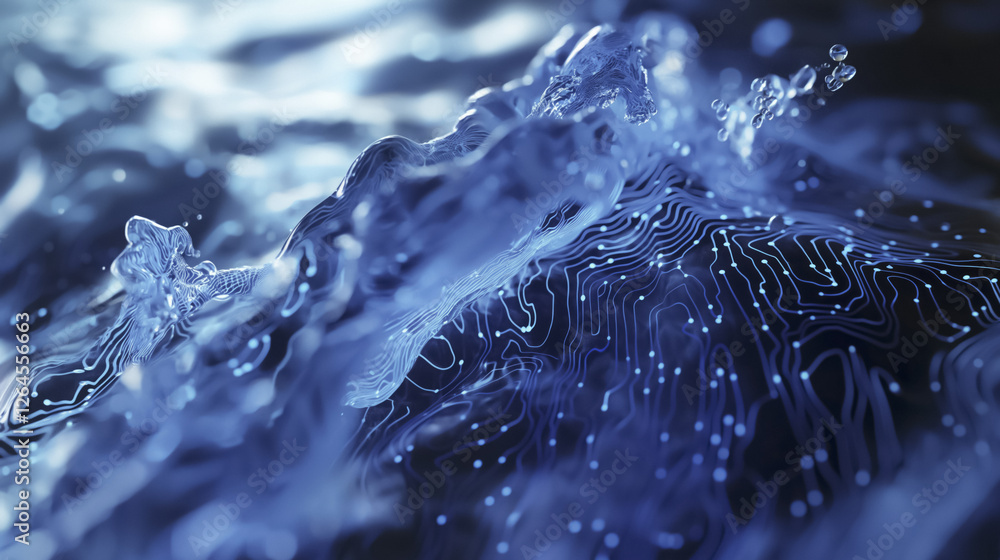Poster dynamic and futuristic digital wave flows with energy, featuring intricate blue patterns and glowing