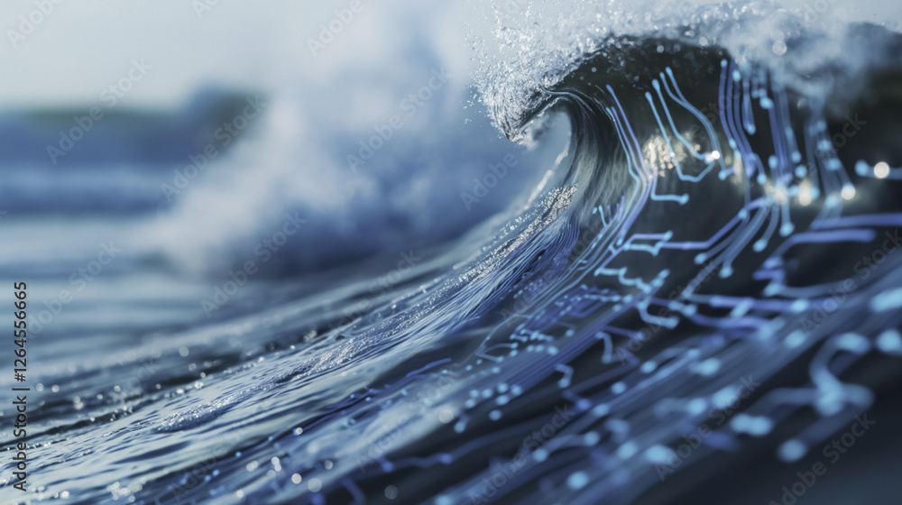 Poster digital wave with circuit patterns flows dynamically, merging technology with nature in futuristic o