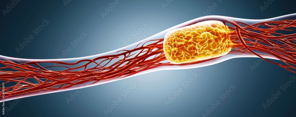 Poster a detailed illustration of a neural structure showcasing interconnected red axons surrounding a cent