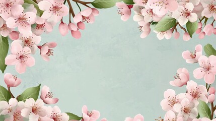 Fototapeta premium Delicate Pink Cherry Blossoms Framing Soft Aqua Background with Ethereal Charm