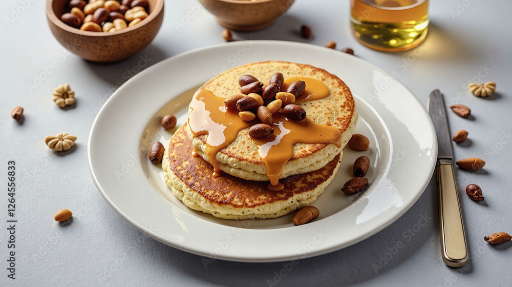 Poster a stack of pancakes with apples on top of it. the plate is on a table with a knife and a bowl of app