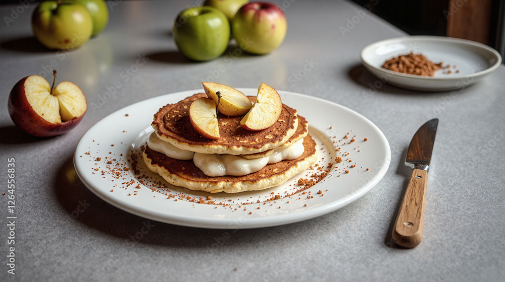 Poster a stack of pancakes with apples on top of it. the plate is on a table with a knife and a bowl of app