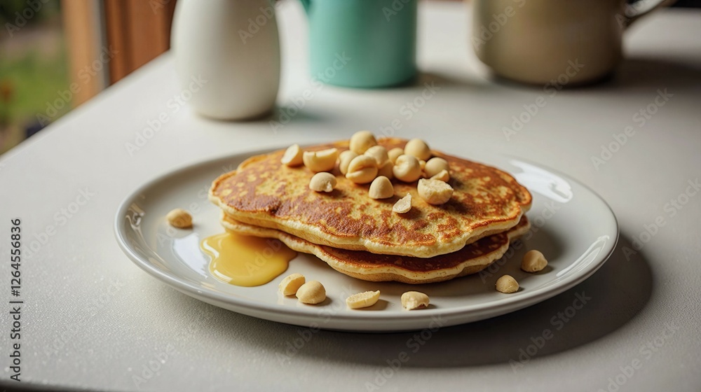 Poster a stack of pancakes with nuts and syrup on top of a white plate. the plate is set on a table with a 