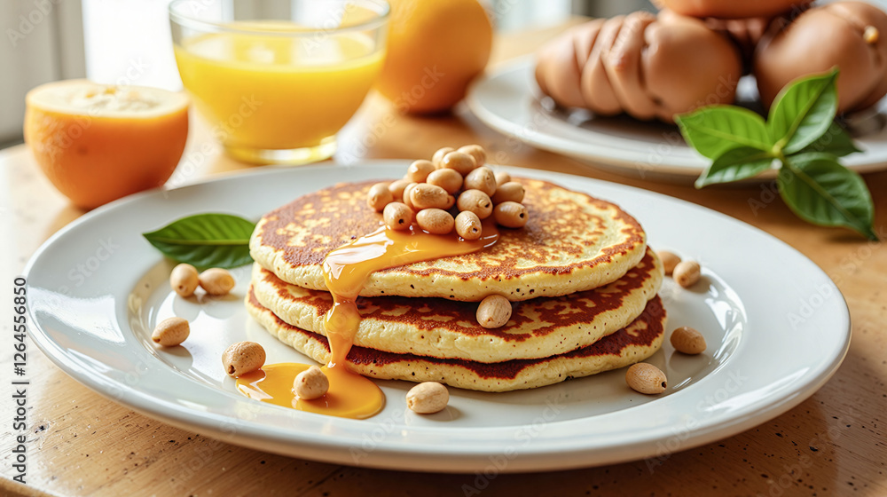 Poster a stack of pancakes with nuts and syrup on top of a white plate. the plate is set on a table with a 