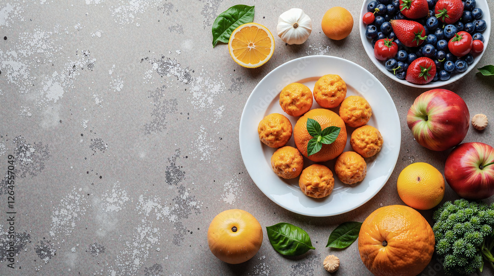Poster a plate of fruit and vegetables is displayed on a table. the plate is filled with oranges, apples, a