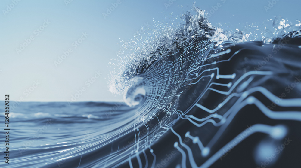 Aufkleber digital wave merges with ocean water, creating futuristic scene where technology meets nature. blue 