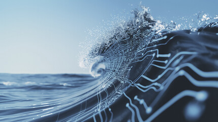 digital wave merges with ocean water, creating futuristic scene where technology meets nature. blue tones and circuit patterns evoke sense of innovation and energy flow