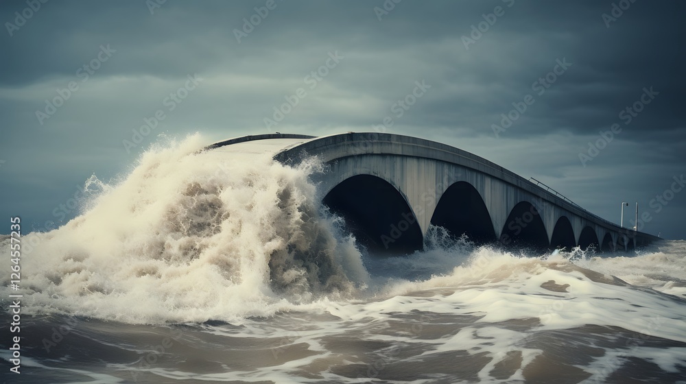 Poster a partially submerged bridge is challenged by strong turbulent floodwaters flowing rapidly underneat
