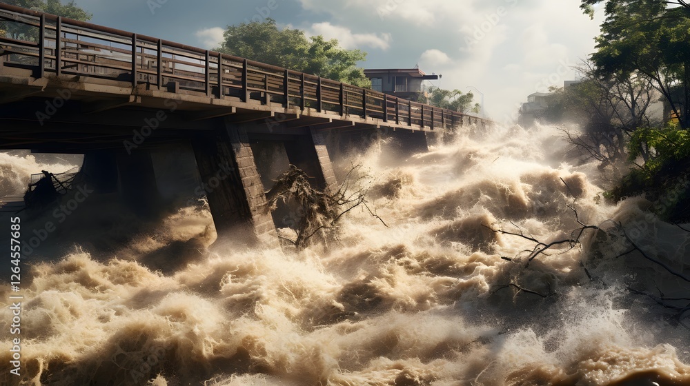 Poster a partially submerged bridge with strong currents of floodwaters rushing powerfully underneath posin