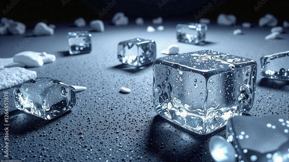 Poster a close up of a bunch of ice cubes on a table. the cubes are all different sizes and are scattered a