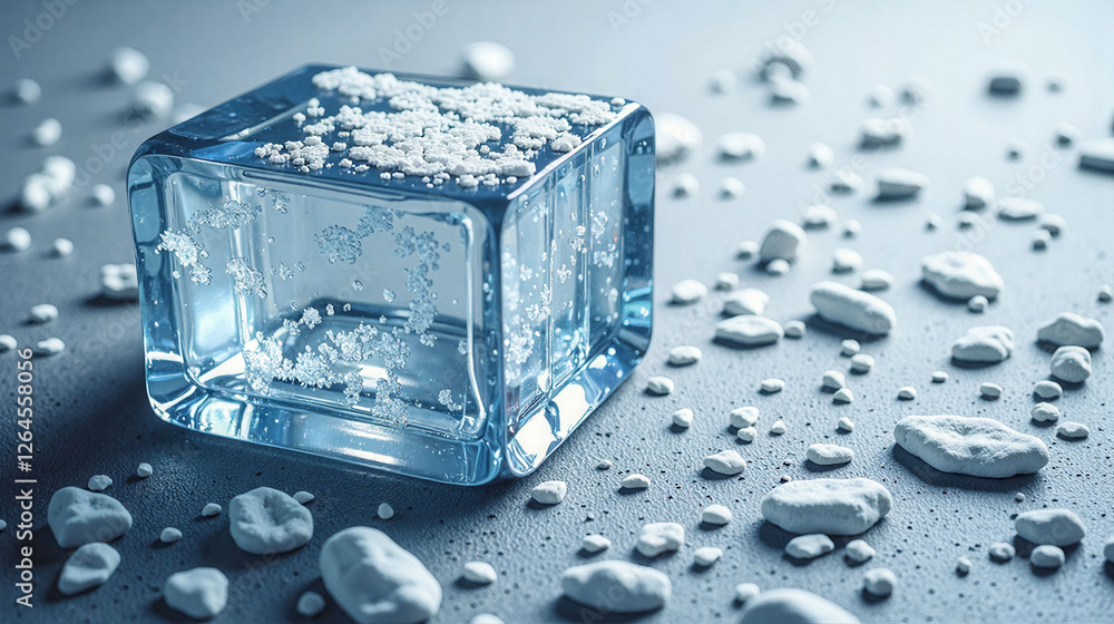Poster a close up of a bunch of ice cubes on a table. the cubes are all different sizes and are scattered a