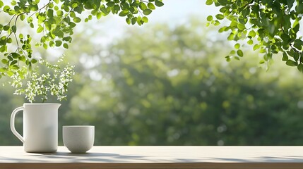 White Pitcher And Cup On Wooden Table With Green Foliage