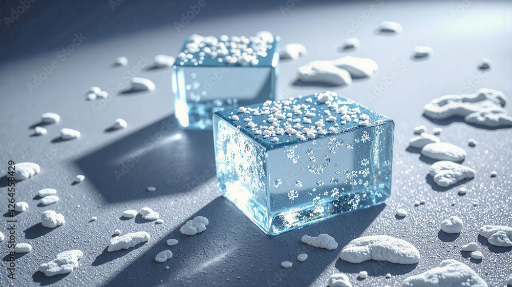 Poster a close up of a bunch of ice cubes on a table. the cubes are all different sizes and are scattered a