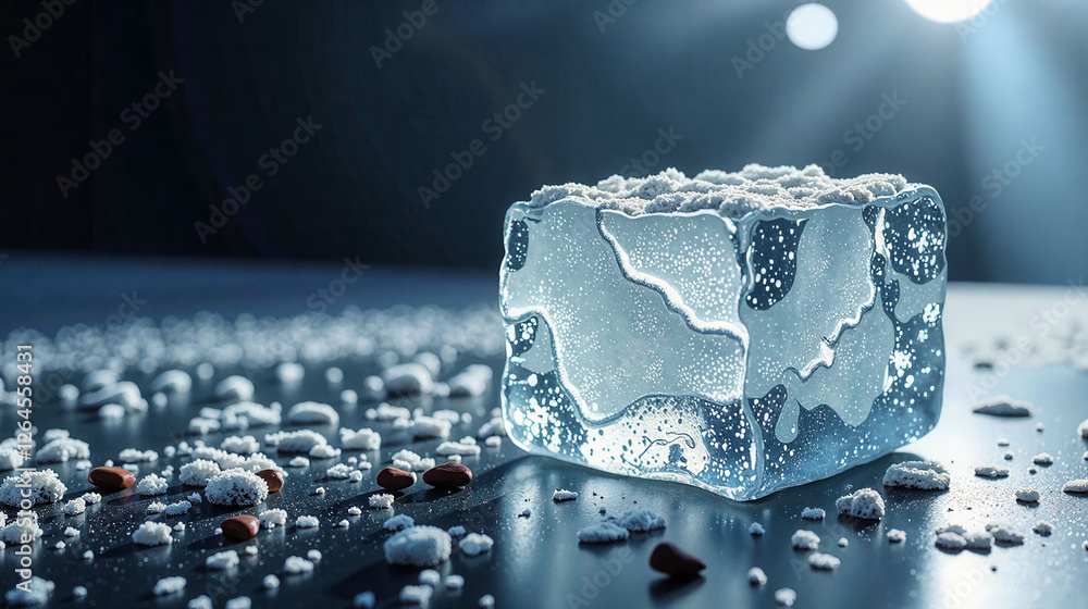 Poster a close up of a bunch of ice cubes on a table. the cubes are all different sizes and are scattered a