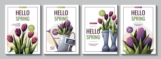 Hello Spring flyer set with rubber boots with tulips and watering can with purple flowers. Spring time, nature, gardening. Vector illustration for banner, advertising, promo, sale © TatyanaYagudina