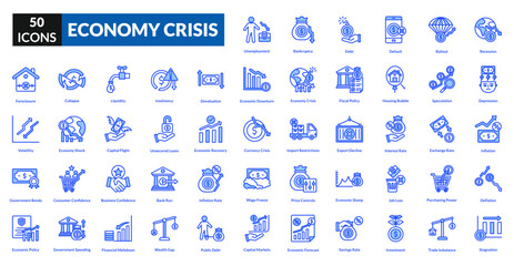Economy crisis blue icon collection set. Includes recession, downturn, unemployment, inflation, poverty, debt, collapse, deflation, shortage, bankruptcy, instability, crisis, loss, devaluation