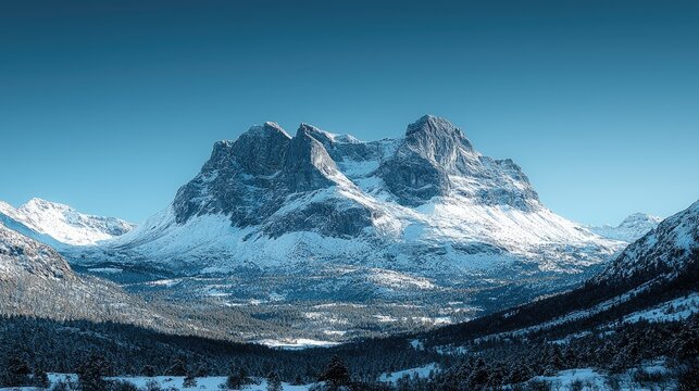 Majestic snow-covered mountain range under a clear blue sky with serene valley below