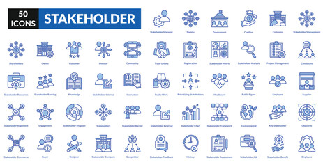 Stakeholder blue icon collection set. Includes collaboration, partnership, influence, engagement, responsibility, expectation, feedback, impact, alignment, network, negotiation, leadership, community