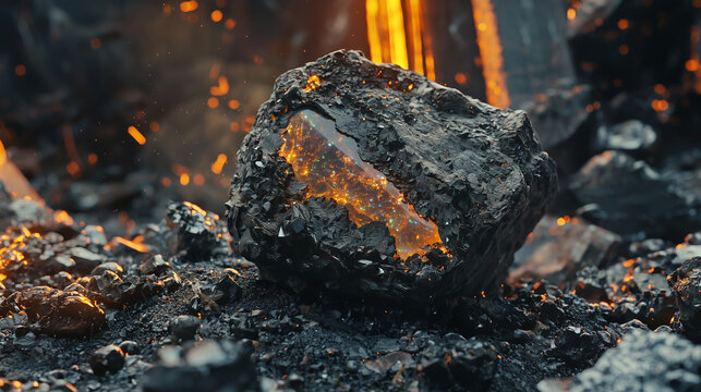 A glowing molten rock with a crystalline core in a volcanic landscape, surrounded by lava, sparks, and charred debris