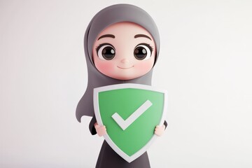 3D Cartoon Muslim Girl in Hijab Showing Check Mark Shield, Symbolizing Protection and Approval.