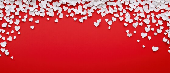 Romantic red background with white paper hearts border for Valentines Day, anniversary, or wedding invitation Concept of love, celebration, and decoration