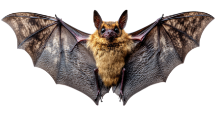 Bat's Majestic Spread: A detailed view of a bat with its wings fully extended, showcasing the unique texture and patterns of its fur and membranes.
