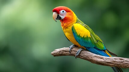 Obraz premium Colorful Macaw Parrot On Branch Against Blurred Green Background