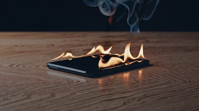机の上で燃えているスマートフォン