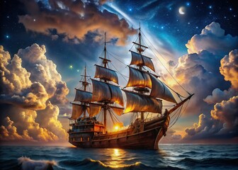Fototapeta premium Night Sky Pirate Ship Fantasy Art: A majestic pirate galleon sails amidst swirling clouds under a starlit night sky.