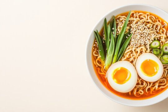 Delicious bowl of ramen topped with soft-boiled eggs, green onio