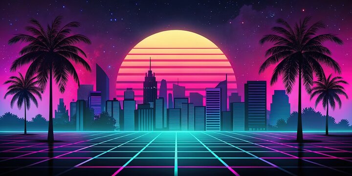 Retrofuturistic Black Sun: 80s Synthwave Sunset Stock Photo