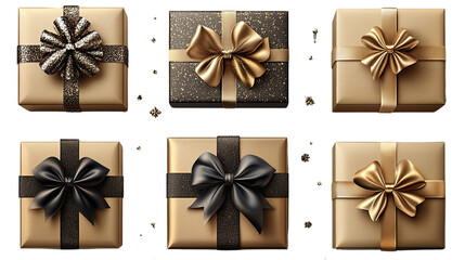 Gift Box Assortment: An elegant assortment of beautifully wrapped gift boxes, each adorned with a luxurious ribbon, perfect for celebrations and special occasions.