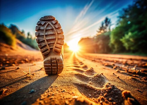 Runner's Footprint on Dusty Trail, 5k Race, Hiking Boots, Running Shoes