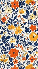 Vibrant floral pattern featuring orange and navy flowers on a cream background, ideal for fabric design