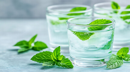 Fototapeta premium Refreshing Mint Infused Water in Clear Glasses with Ice Cubes and Mint Leaves Garnish Closeup