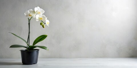 Serene Minimalist Orchid: Single White Phalaenopsis in Black Pot on White Background
