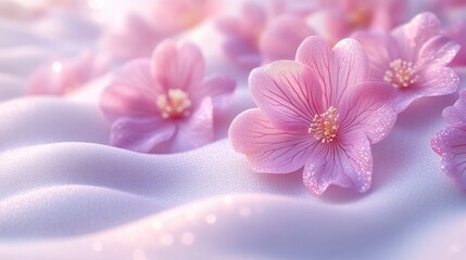 Obraz premium Delicate pink cherry blossoms resting on soft, shimmering fabric with a dreamy background ambiance
