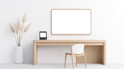 Modern minimalist workspace featuring a wooden desk, white chair, and decorative plants