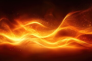 Obraz premium Abstract representation of flowing orange and gold waves with glowing particles in a dark background