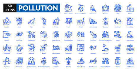 Pollution blue icon collection set. Includes smog, waste, carbon, environment, trash, fumes, industrial, contamination, emissions, toxins, landfill, air, global, deforestation, hazard