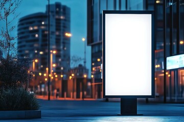 Blank advertising stand at night against office building. 3d rendering