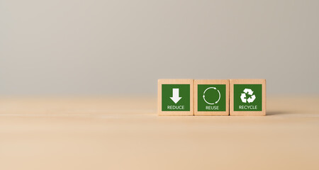 3Rs Concept. Reduce, Reuse, Recycle. Wooden block labeled 