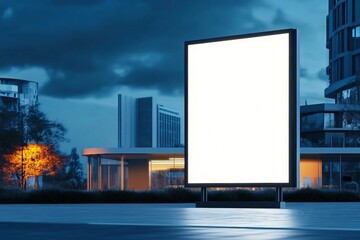 Fototapeta premium Blank advertising stand at night against office building. 3d rendering