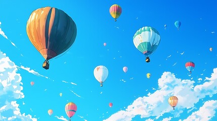 Obraz premium Colorful Hot Air Balloons Floating in a Bright Blue Sky with Fluffy White Clouds