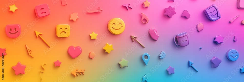 Poster colorful collection of playful icons and shapes arranged on a vibrant gradient background with joyfu