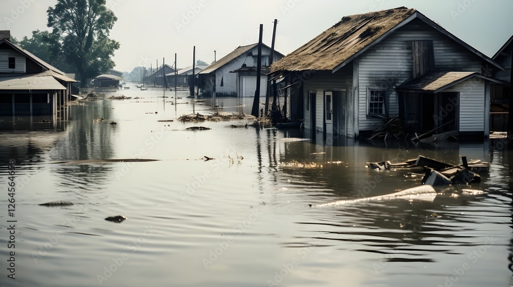 Poster aerial view of a row of houses with only their rooftops visible submerged in floodwaters due to a se