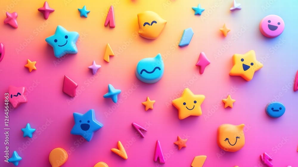 Poster colorful collection of cute shapes and expressions across a vibrant background in playful arrangemen