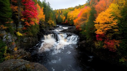 Autumn Waterfall Landscape with Vibrant Red Orange Yellow Foliage