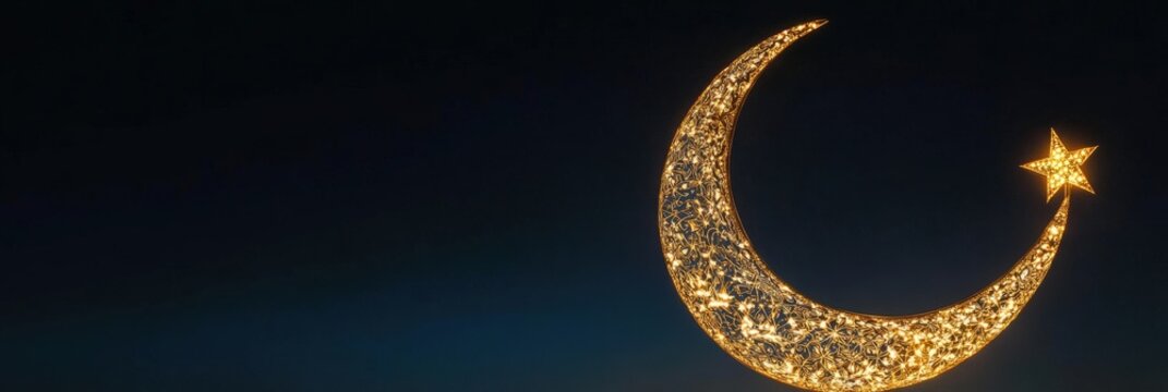 3D Golden Glowing Crescent Moon with Star  in the Dark Background for Eid Mubarak Islamic Celebration.